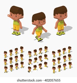 Cartoon tanned boy minifigure. 3D lowpoly isometric vector illustration. The set of objects isolated against the white background and shown from different sides