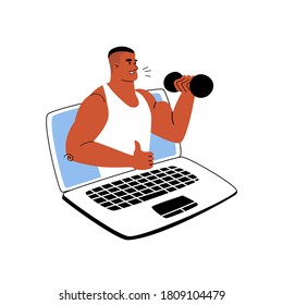 Cartoon tanned sports trainer teaches online via laptop. Online sports training from home. Vector stock illustration workout. The coach shows a thumb up and shakes the biceps from the computer.