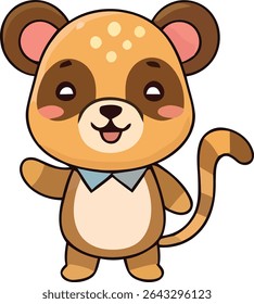 Um tanuki de desenho animado fica em pé, balançando com a pata esquerda. Tem uma cauda listrada, uma gravata azul e uma expressão alegre.