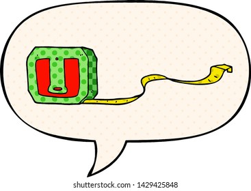 cartoon tape measure with speech bubble in comic book style