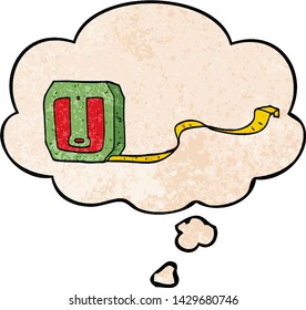 cartoon tape measure with thought bubble in grunge texture style