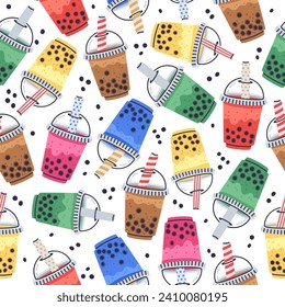 Cartoon tapioca pearls boba tea seamless pattern. Bubble milk tea cups, hand drawn taiwan milk tea. Soft drinks flat vector endless illustration