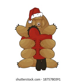 Cartoon Tardigrade with Santa hat sits on the ground and gives a hug to a human in coat