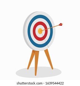 Cartoon target with arrow, standing on tripod. Achievement goal concept. Vector illustration