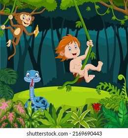 Cartoon Tarzan With Animals In The Jungle