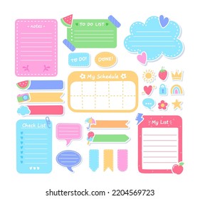 Cartoon Task Planners, Cute Paper Sticky Notes, Banners, To Do List Or Memo Message Notepads Paper Sheets. Blank Schedule. Bookmarks. Colorful Notepaper for Kids, School or Office Isolated Vector Set