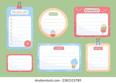 Cartoon task planners, cute paper sticky notes, banners, to do list or memo message notepads paper sheets. Blank schedule. Bookmarks. Colorful notepaper for kids, school or office. Vector illustration