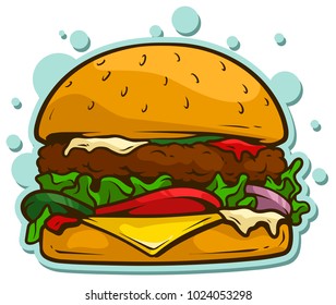Cartoon tasty big hamburger with cheese and sesame seeds isolated on white background. Vector sticker icon.