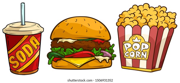 Cartoon tasty big hamburger with cheese and sesame seeds, popcorn in paper bucket box and red plastic cup of soda drink with straw. Isolated on white background. Cinema icon. Vector sticker set.