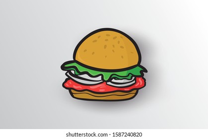 Cartoon tasty big hamburger with cheese and sesame seeds isolated on white background. Vector sticker icon.