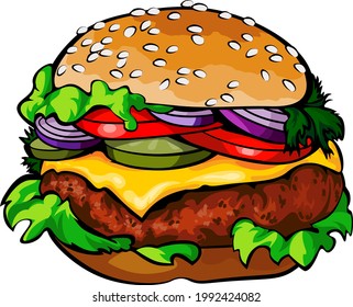 Cartoon tasty big hamburger with cheese and sesame seeds isolated on white background. Vector sticker icon.