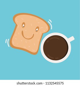 Cartoon Tasty breakfast 2 main ingredients set Toast sandwich and coffee good morning concept.