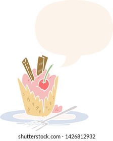 postre sabroso de caricatura con burbuja de habla en estilo retro