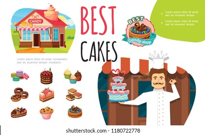 Cartoon tasty desserts colorful concept with confectioner candy shop macaroons pie donuts cupcakes muffin cakes with berries and nuts vector illustration