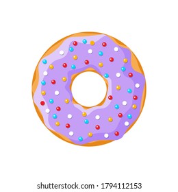 Cartoon tasty donut isolated on white background. Purple colour glazed doughnut top view for cake cafe decoration or menu design. Vector flat eps illustration