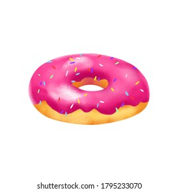 Cartoon tasty donut with pink glaze and colorful rice chocolates. Colour glazed doughnut top view for cake cafe decoration or menu design. Vector illustration