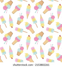 Cartoon tasty ice cream in pastel colors seamless pattern. Isolated on white background. Design with frozen creamy desserts, and waffle cones. Sundae ice scoops vector texture, holiday paper