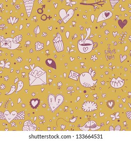Cartoon tasty romantic seamless pattern. Birds, lips, hearts, coffee and cakes in stylish background. Pattern can be used for wallpapers, pattern fills, web page backgrounds, surface textures.