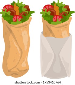 Caricatura sabrosa shawarma burrito o kebab con pollo, verduras, carne y salsa. comida rápida árabe, oriental y mexicana. aislado de fondo blanco. Conjunto de iconos del vector.