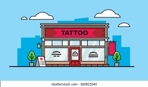 Cartoon Tattoo Salon Building On Blue Background In Flat Style