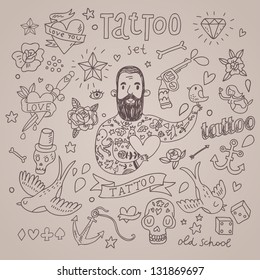 Juego de vectores de tatuajes de dibujos animados. Cute colección vintage del tatuaje: ¿Eddie?Â? corazón, paloma, ancla, diamante, flor, dados, pistolas y otros