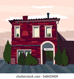 Cartoon tavern building hand drawn vector illustration