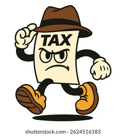 Cartoon tax document with fedora hat, angry eyes, and stomping motion, perfect for illustrating tax season stress, financial topics, or law and policy editorial graphics.