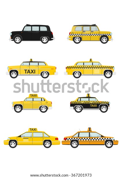 Cartoon taxi car\
on a white background.\
Vector