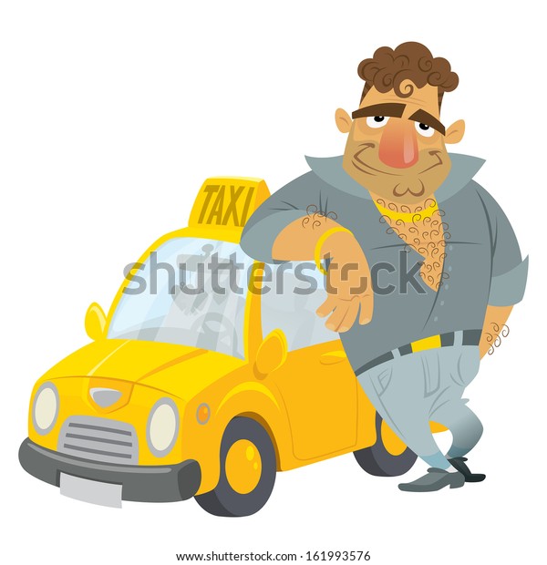 Cartoon Taxi driver humorous character with his\
yellow car