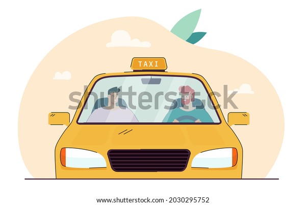 Cartoon taxi driver talking to passenger behind\
windscreen. Male characters driving in yellow car flat vector\
illustration. Taxi service, transportation concept for banner or\
landing web page