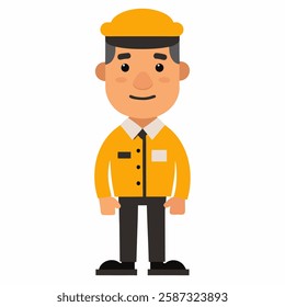  cartoon taxi driver in yellow uniform.  taxi driver profession.Suitable for children's books, sticker,t shirt design, mascot, logo. Isolated on white background.Vector illustration. Front  view