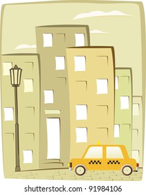 cartoon taxi on city background with house silhouette