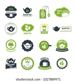 Cartoon Tea Badges or Labels Set Quality Product Concept Element Flat Design Style. Vector illustration of Badge and Label