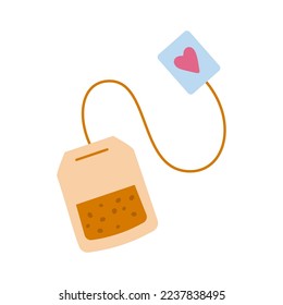 Cartoon tea bag with heart tag. Vector illustration isolated on white background. 