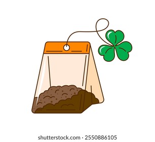 Bolsa de té de dibujos animados, símbolo de vacaciones del día de San Patricio groovy retro de la bebida irlandesa. Bolsita de té de Vector aislada con trébol verde, planta de trébol de trébol en cuerda. Hojas secas de bebida en papel o paquete textil