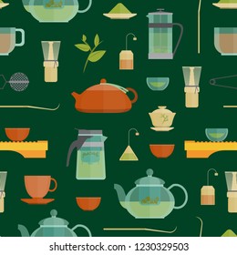 Cartoon Tea Ceremony Seamless Pattern Background Elements Chinese and Japanese Traditional Culture Concept Flat Design Style on a Green. Vector illustration