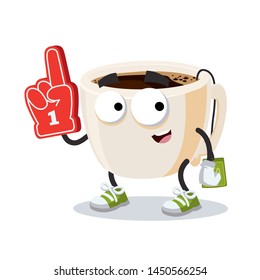 cartoon tea cup with tea bag character mascot with the number 1 one sports fan hand glove on a white background