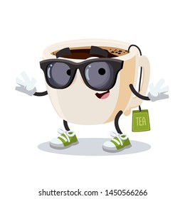 cartoon tea cup with tea bag character mascot in black sunglasses on a white background