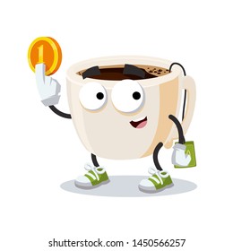 cartoon tea cup with tea bag mascot keeps the coin on white background