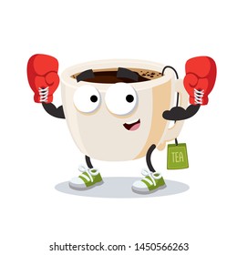 cartoon tea cup with tea bag mascot in red boxing gloves on white background