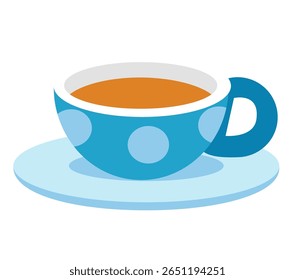 Cartoon tea cup with saucer in soft blue colors. Vector flat illustration with polka dots isolated on white background
