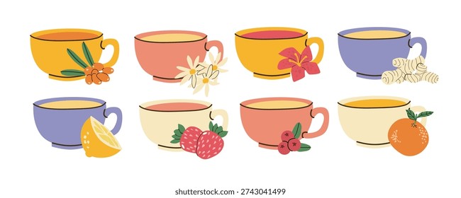 Cartoon tea cups with different tasty - lemon, strawberry, cranberry, orange, hibiscus, ginger root. Sea Buckthorn, Chamomile drink. Cups and berry, herbal and fruit tea set.