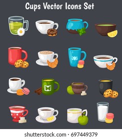 Cartoon tea cups icons set. Modern icons for tea shop and cafe. Colorful template for cooking and restaurant menu.
