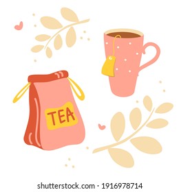 Teebeutel aus Cartoon und Wasserkocher. Tea time. Postkartendesign, Banner. Einziger Wasserkocher, Illustration für Logo, Café-Menü, Banner. Vektorgrafik in handgezeichnet Stil.