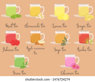 Cartoon tea isolated vector set, different tea types.