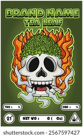 Cartoon Tea Leaf on Skull Head Smoking And Burning Fire Backgrounds. For Product Packaging Cover. Vectors Illustrations