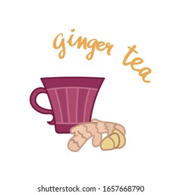 cartoon tea mug with ginger, cute colorful cup, editable vector illustration for decoration, card, print, sticker