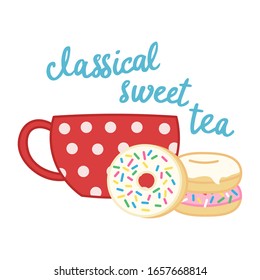 cartoon tea mug with sweet donuts, cute colorful cup, editable vector illustration for decoration, card, print, sticker