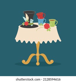 cartoon tea party. hatter's hat. cups, roses, hat