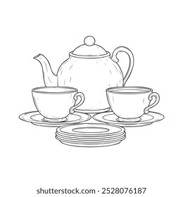 Cartoon tea set .drawing page black and white
